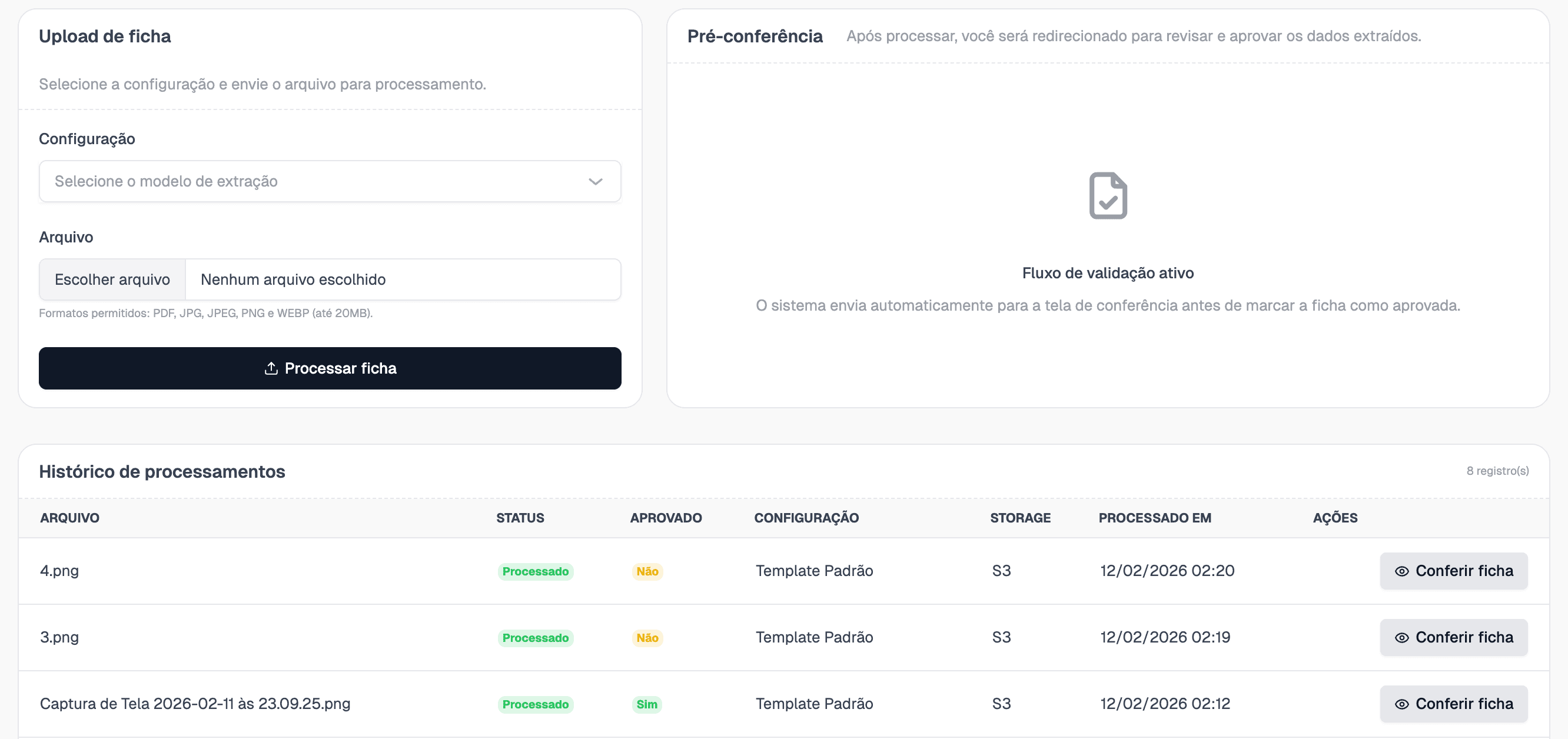 Tela de upload e processamento de fichas com histórico de processamentos